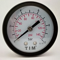 Манометр аксиальный 0-10 бар  Ø50мм  (металлический корпус+стекло, присоед. латунь 1/4" нар.) (TIM)