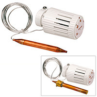 Термостатическая головка для контроля температуры теплоносителя для систем напольного отопления, с каппилярной трубкой и погружным датчиком с фитингом 1/2” НР с прокладкой.