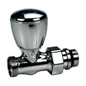 Прямой микрометрический термостатический клапан для полотенцесушителя, хромированный, с глянцевой поверхностью, с подсоединением с наружной резьбой для переходников, отводы с герметичной прокладкой.