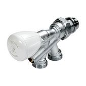 Микрометрический термостатический компактный узел для однотрубных систем со встроенным отсечным клапаном. Межосевое расстояние 35 мм.