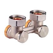 Узел нижнего подключения стальных панельных радиаторов, угловой, для двухтрубных систем. Содержит отсечной клапан для перекрытия и балансировки.